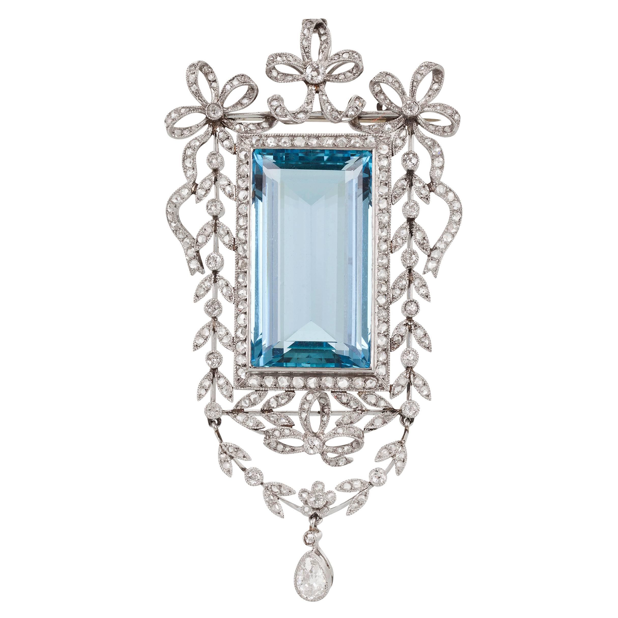 Stunning Edwardian Aquamarine Diamond Pendant and Brooch For Sale
