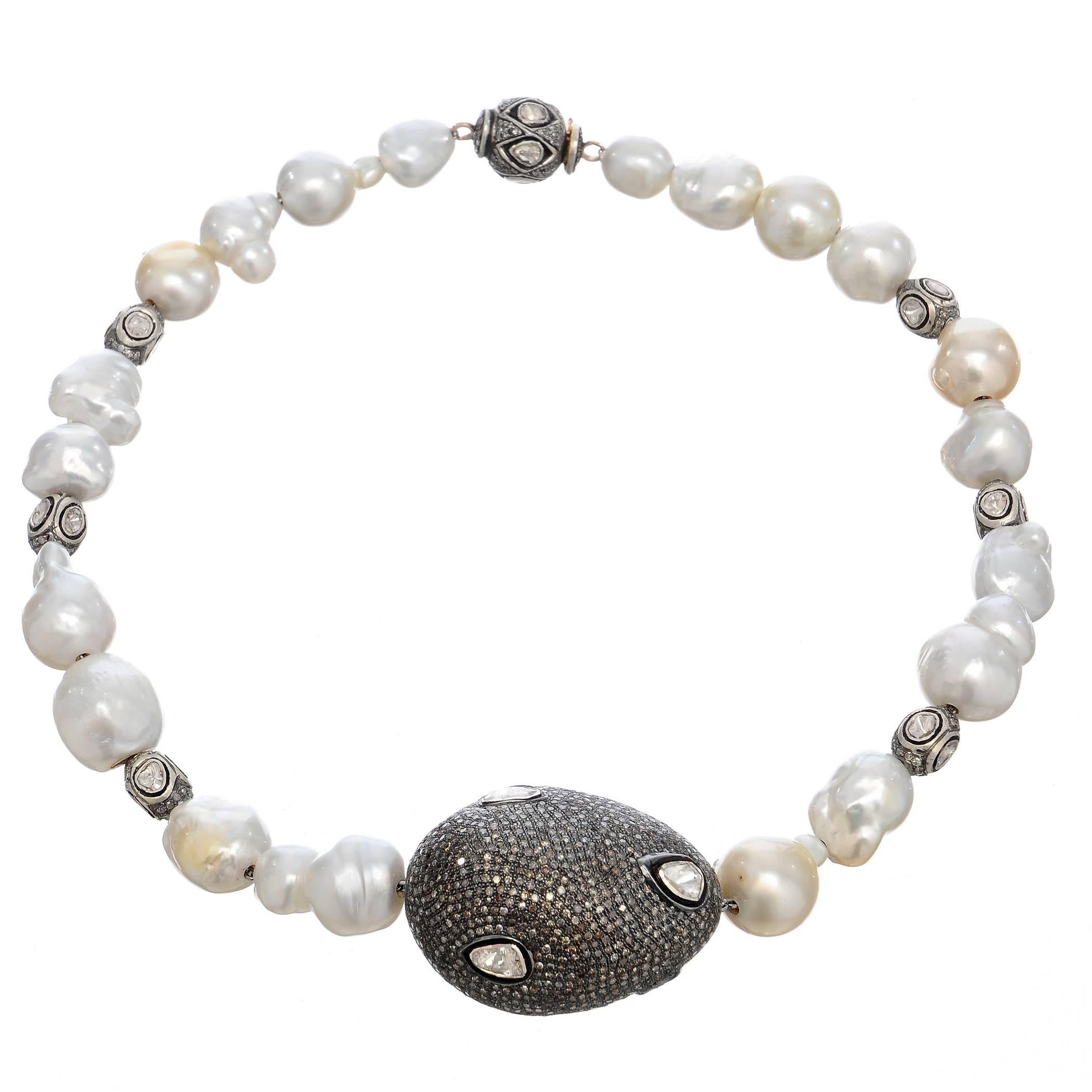 Gorgeous Baroque South Sea Pearl Diamonds Silver Necklace For Sale