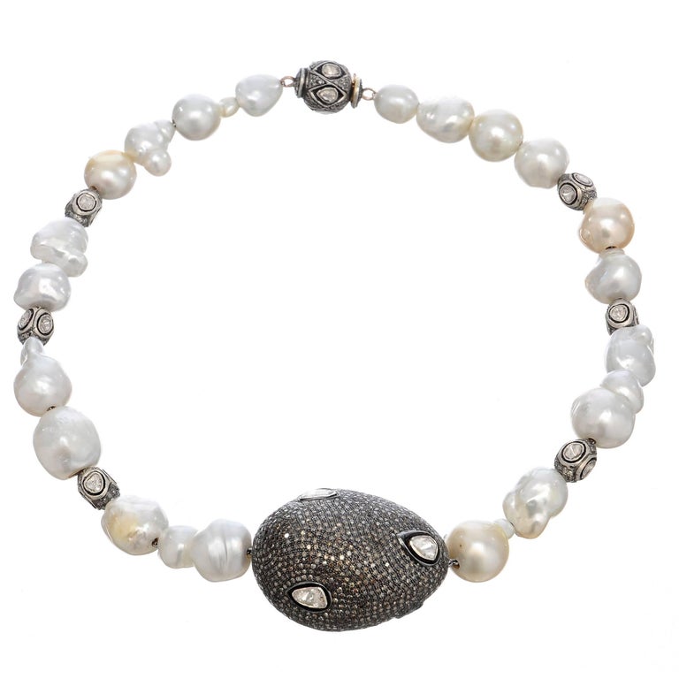Gorgeous Baroque South Sea Pearl Diamonds Silver Necklace For Sale at ...