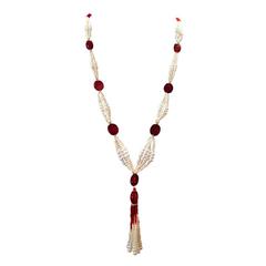 Graduated Pearl Large Carnelian Bead Tassel Lariat Necklace