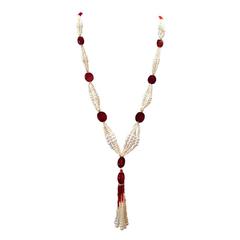 Graduated Pearl  Large Carnelian Bead Tassel Lariat Necklace