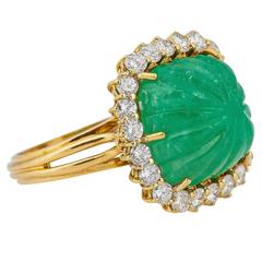 Italian Carved Emerald Diamond Gold Ring