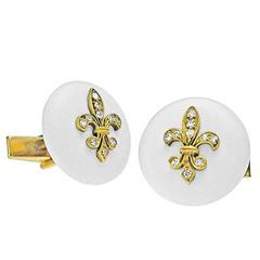 1960s Enamel Diamond Gold Fleur-de-lis Cufflinks