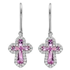 Pink Sapphire Diamond Cross Drop Earrings