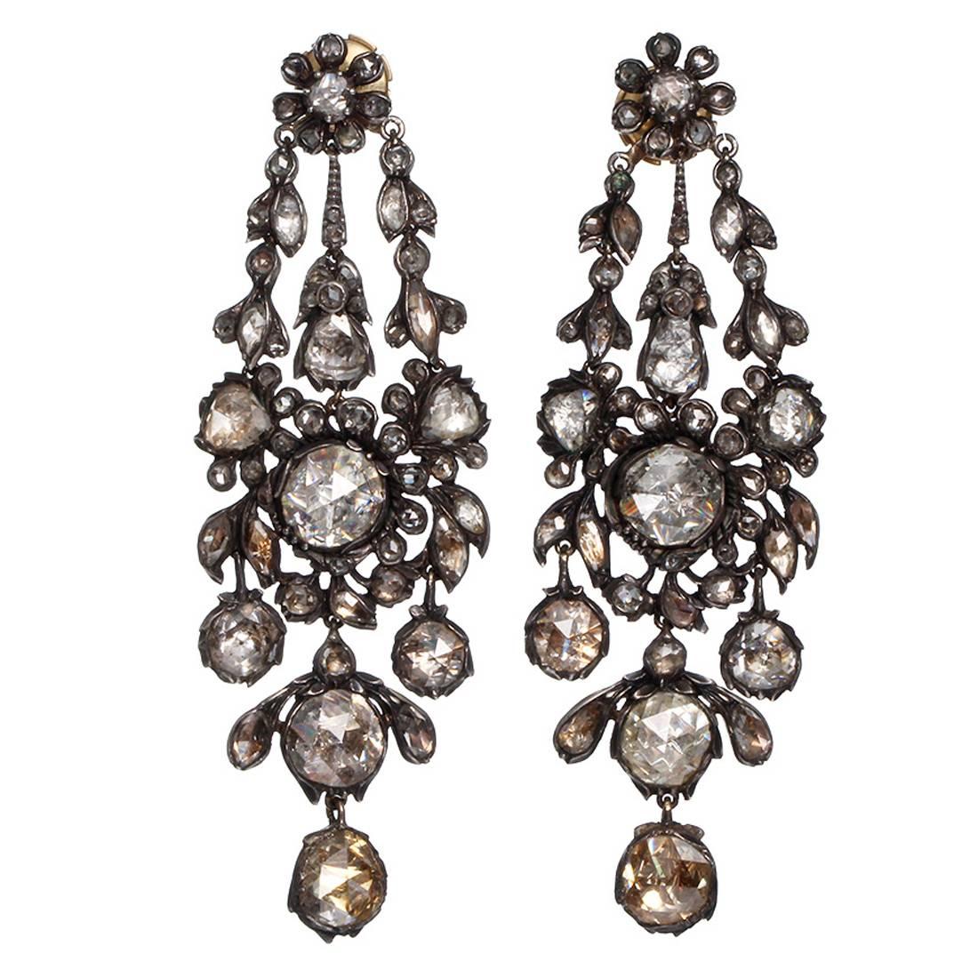 19th Century Rose Cut Diamond Silver Gold Dangle Earrings For Sale