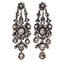 19th Century Rose Cut Diamond Silver Gold Dangle Earrings