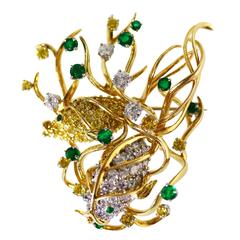 Emerald Diamond Gold Fish Brooch