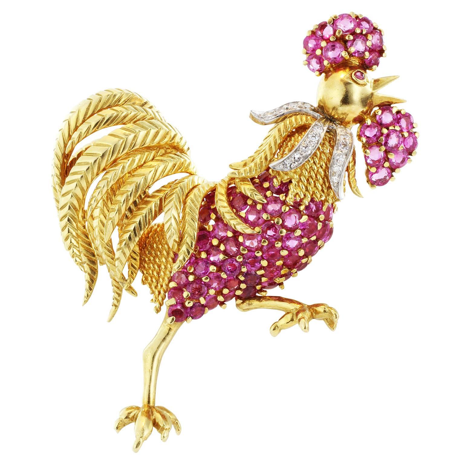 Ruby diamond gold platinum Rooster Pin For Sale