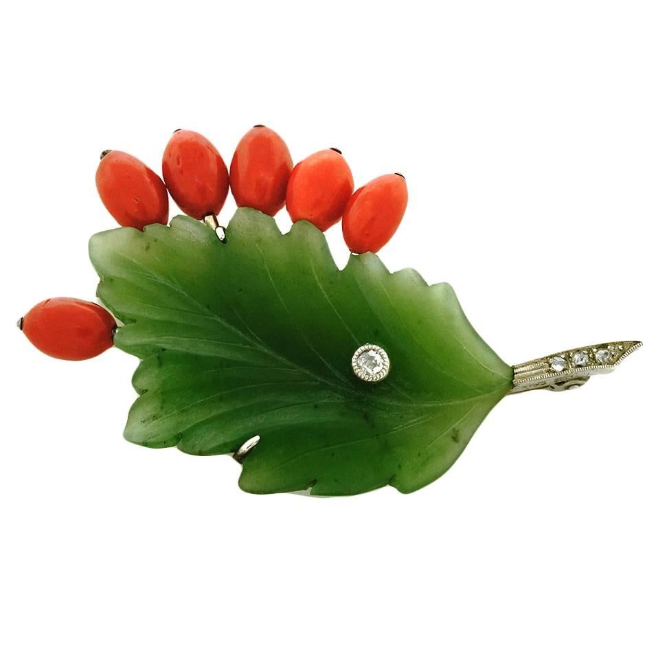 jade coral gold Leaf and Berry Brooch 
