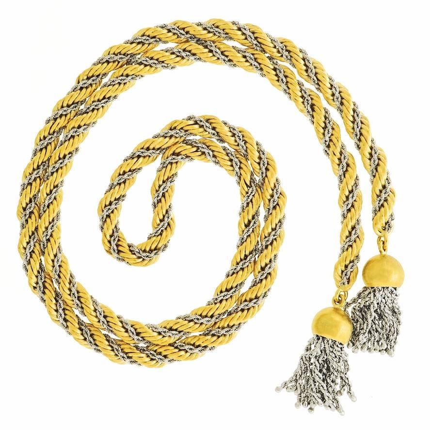 1970s Tannler 43 inch Gold Lariat Necklace with Tassels