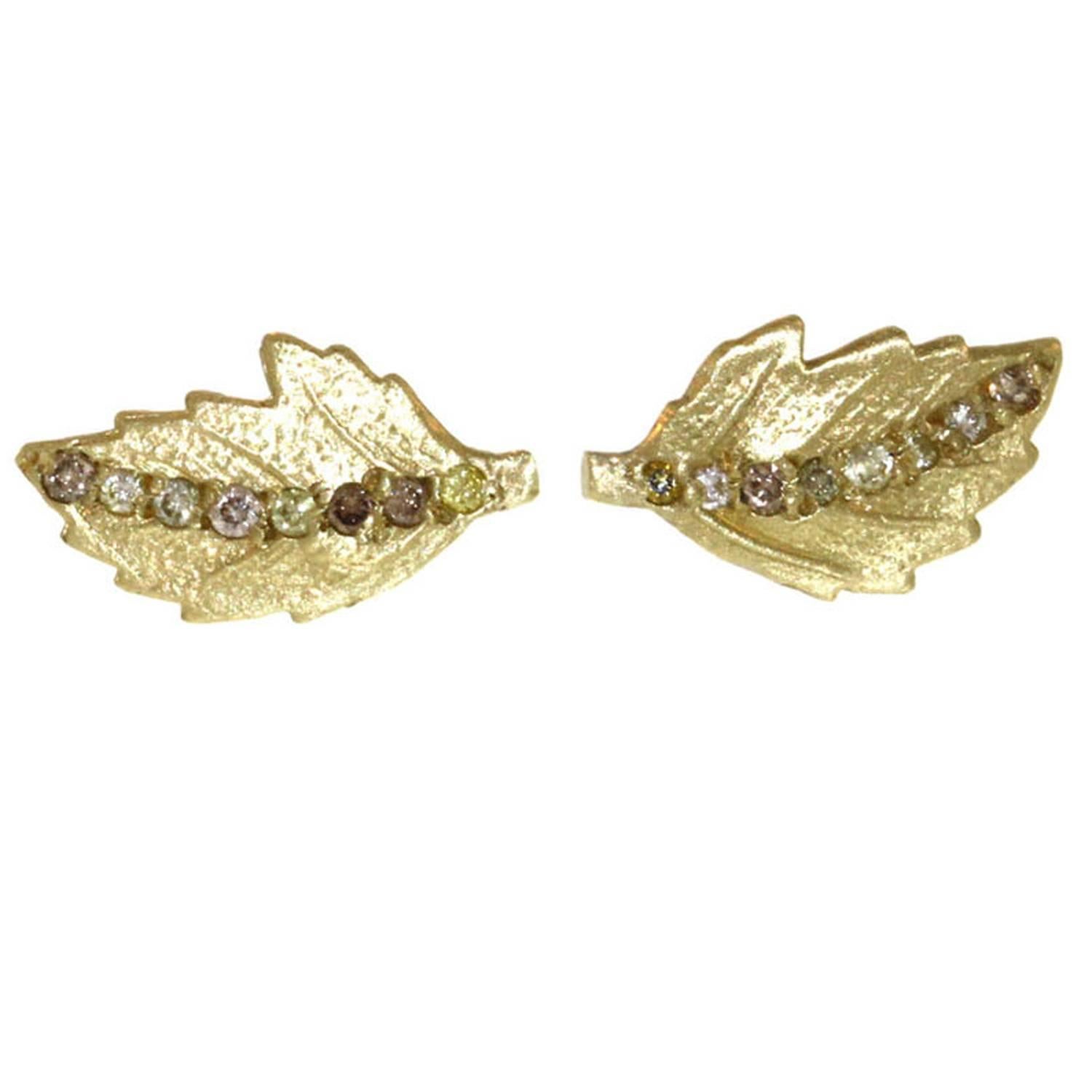 Diamond Stripe Gold Leaf Stud Earrings  For Sale