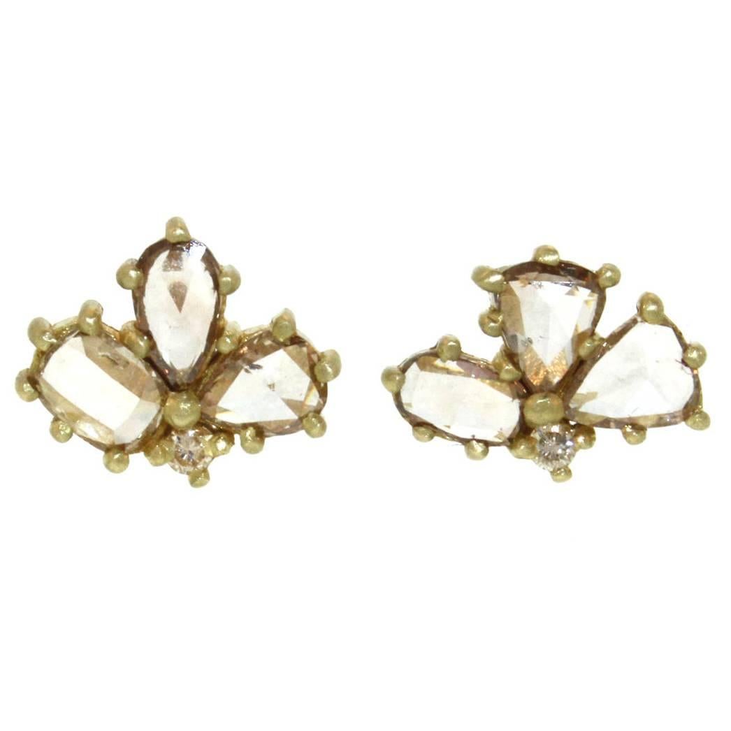 Cognac Diamond Gold Half Bloom Stud Earrings For Sale