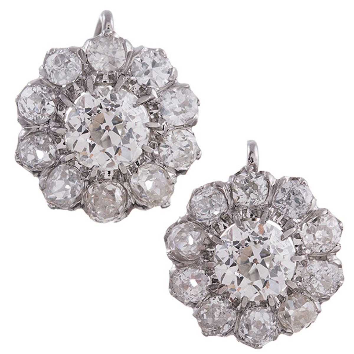 Diamond Platinum Cluster Dangle Earrings