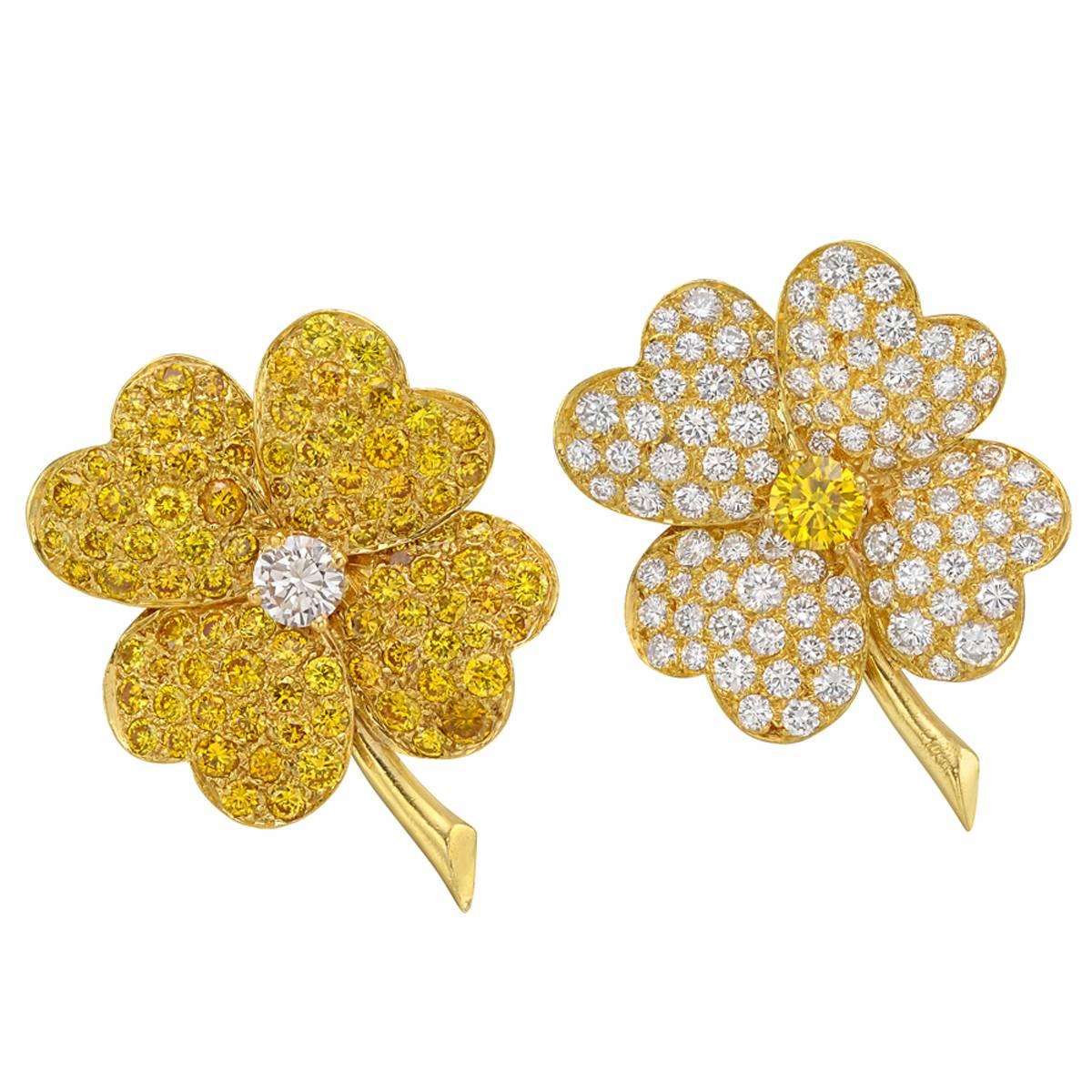 Van Cleef & Arpels Pair of Yellow and White Diamond Gold Cosmos Pins