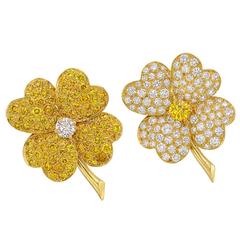 Retro Van Cleef & Arpels Pair of Yellow and White Diamond Gold Cosmos Pins