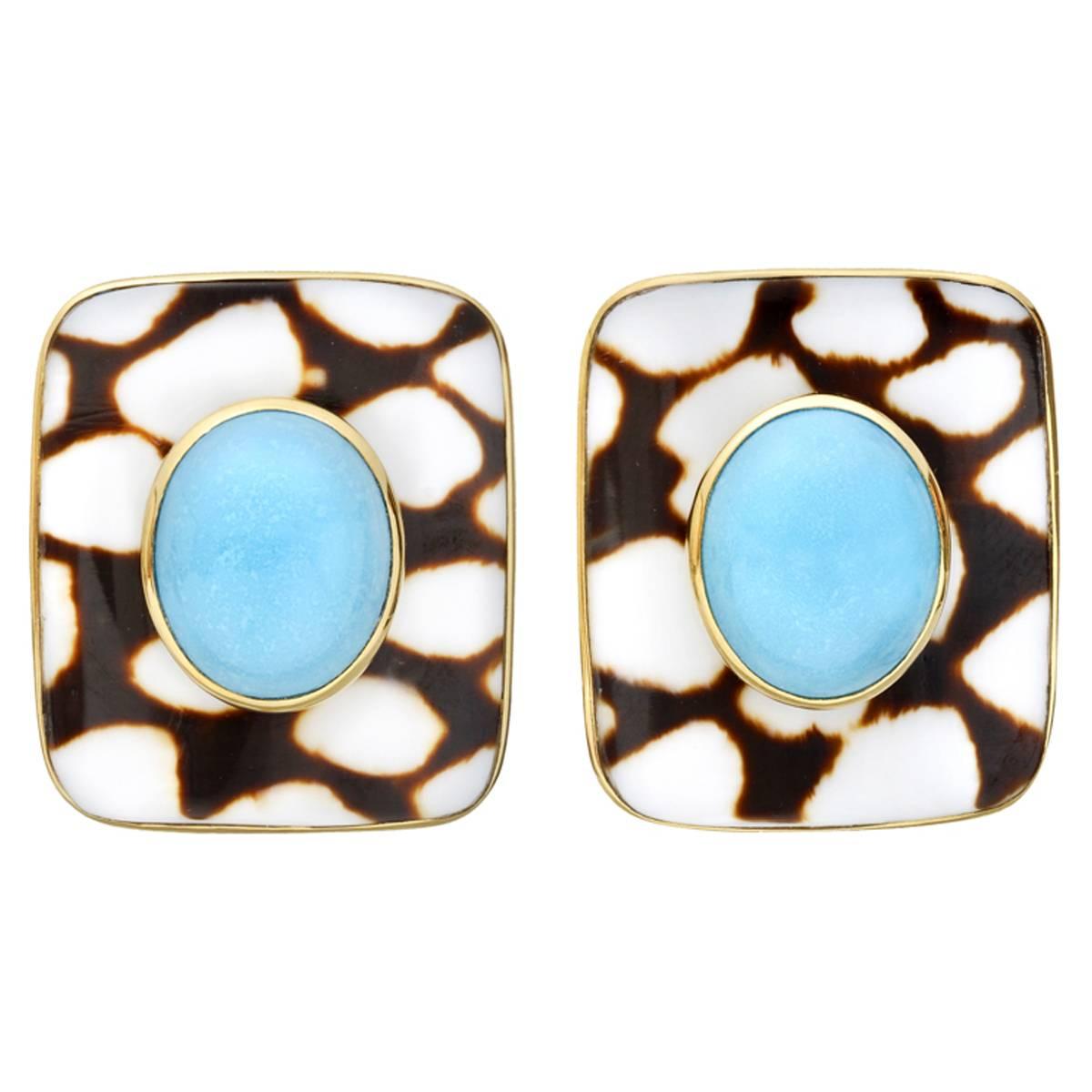 Trianon Antique Marble Shell Turquoise Gold Earclips