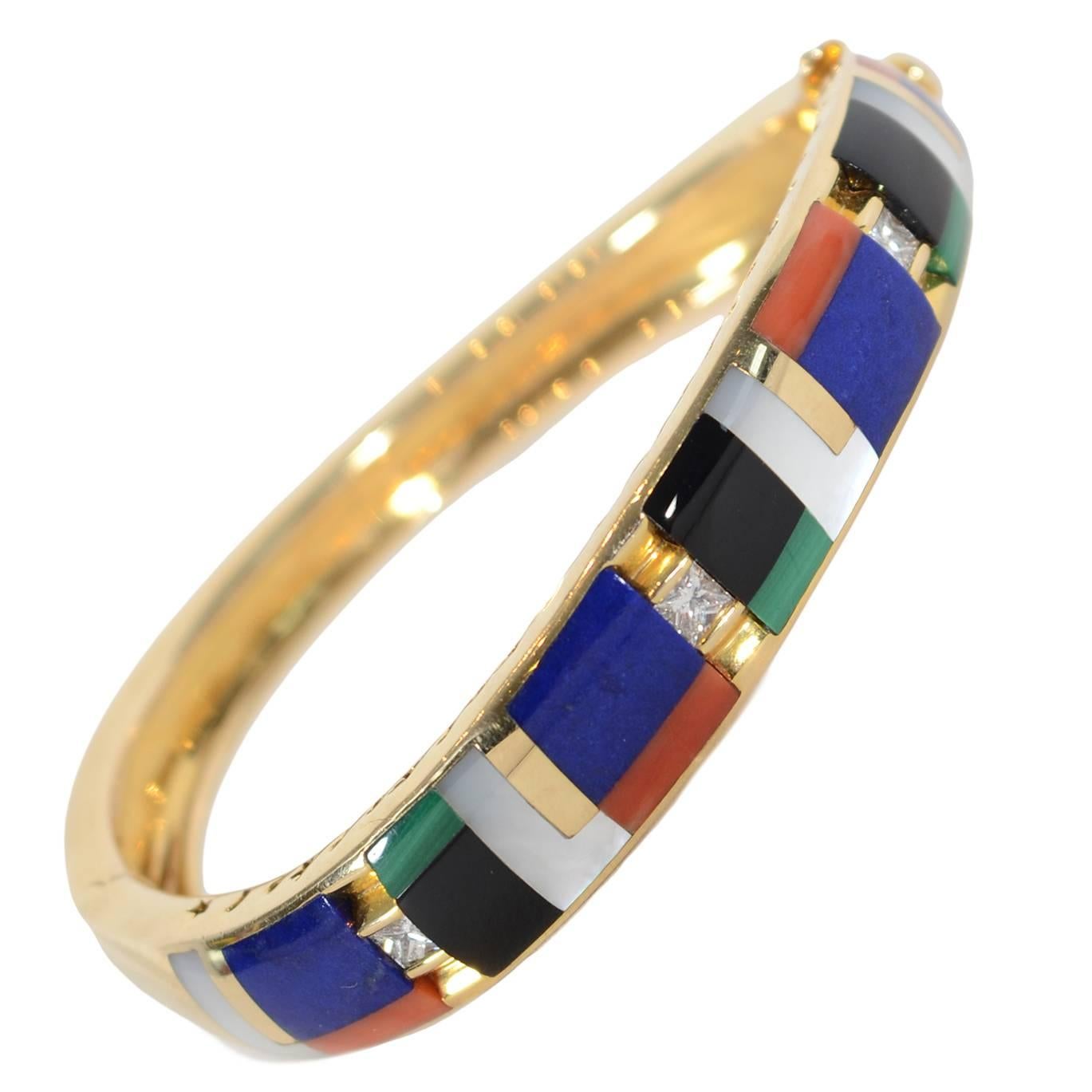 Asch Grossbardt Inlaid Stones Gold Bangle Bracelet