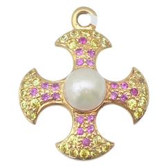 Gold and Gem-Set Maltese Cross Pendant