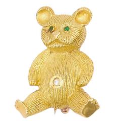 Vintage M. Guyet Gold Diamond and Emerald Teddy Bear Pin