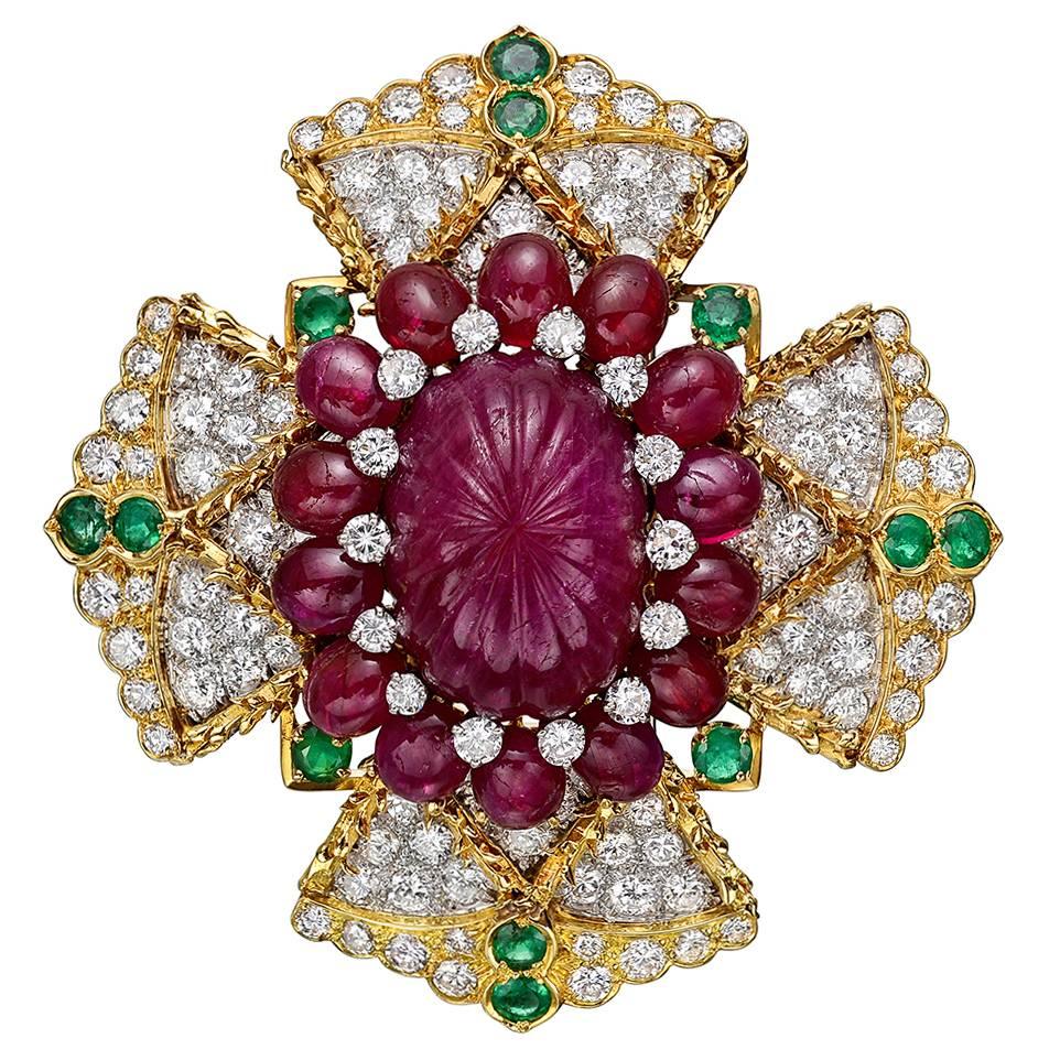 David Webb Emerald Diamond Ruby Maltese Cross Brooch