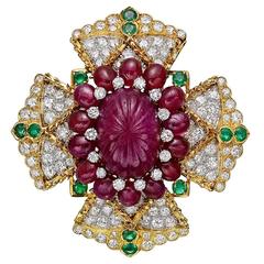 David Webb Emerald Diamond Ruby Maltese Cross Brooch