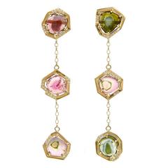 Watermelon Tourmaline Diamond Gold Dangle Earrings 12