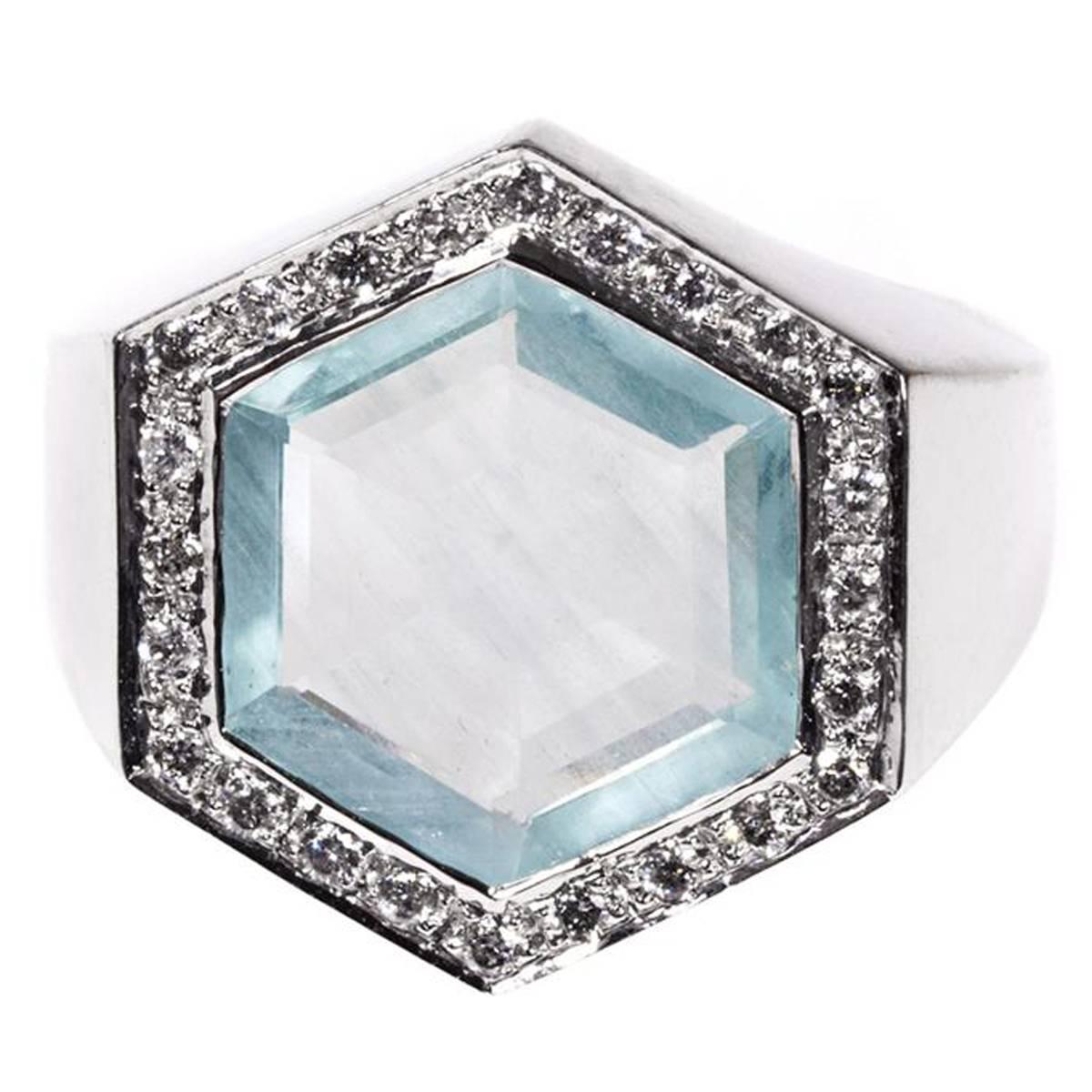 Jade Jagger Aquamarine and Diamond Hexagon Ring For Sale