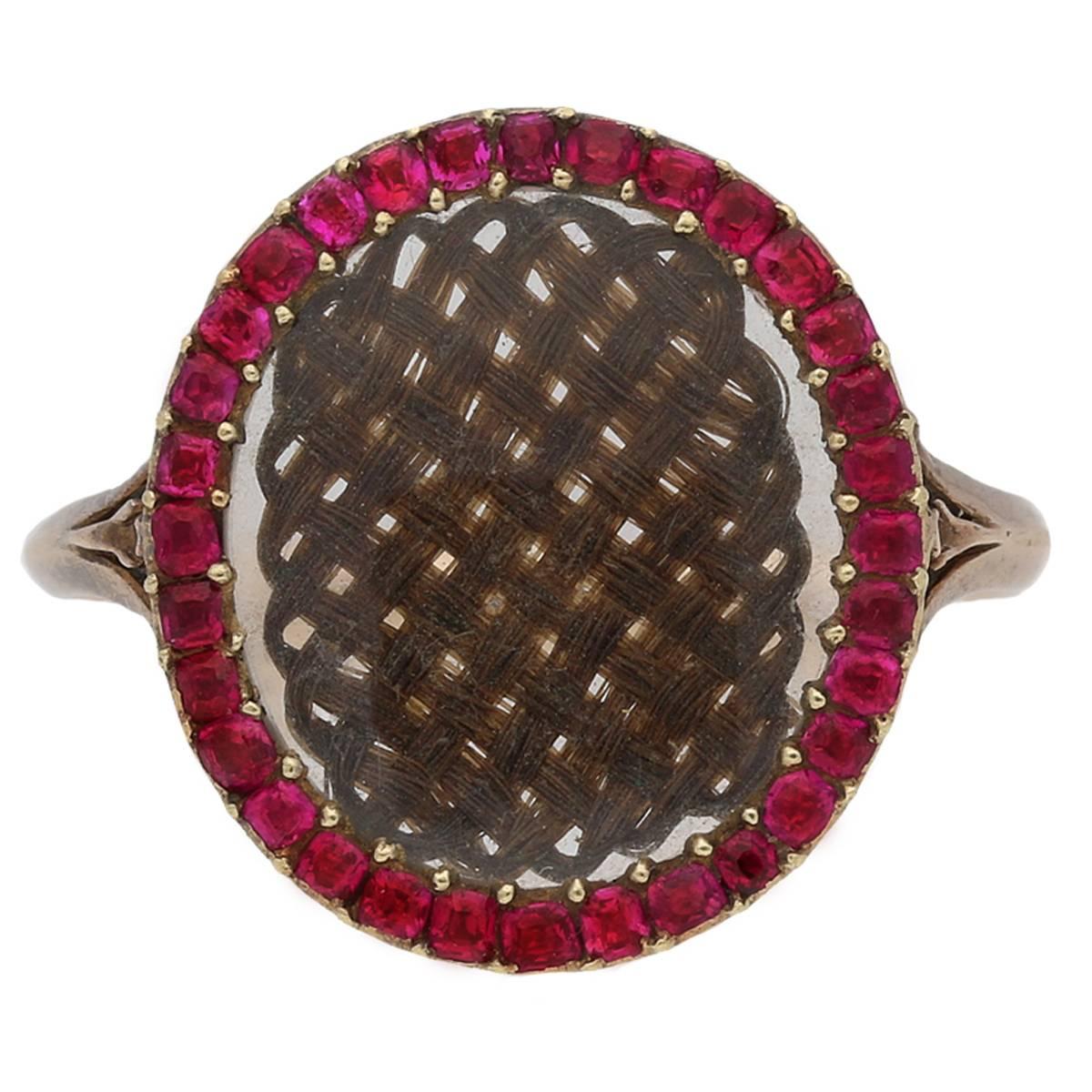 A fine and rare Georgian hair and ruby memorial ring, English, circa 1760 For Sale