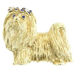 Vintage Adorable Sapphire Diamond Gold Little Dog Brooch