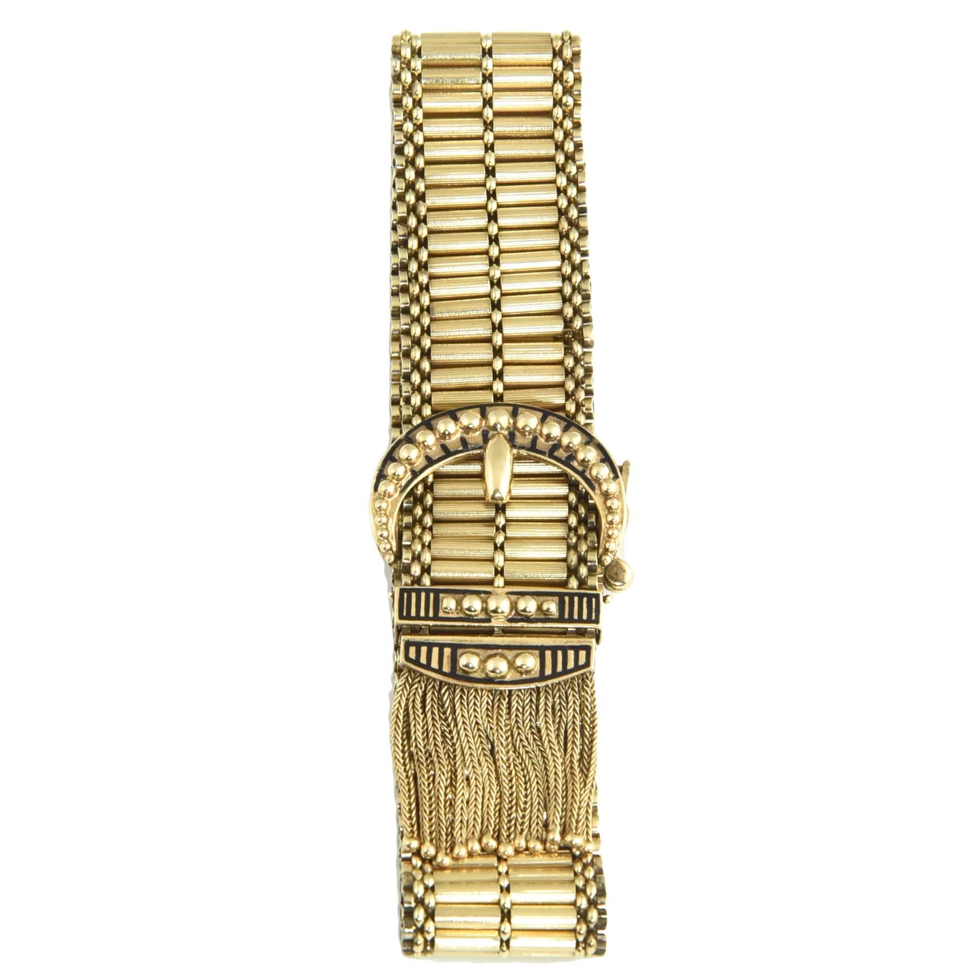 1950s Victorian Revival Gold Buckle Bracelet with Tassels