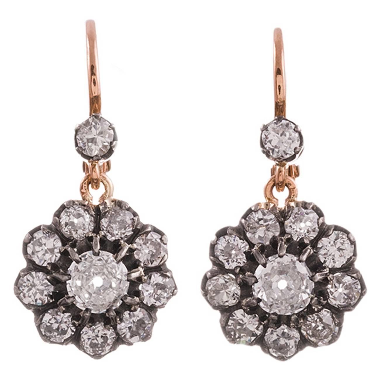 2.10 Carat Old European Cut Diamond Cluster Earrings at 1stdibs