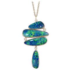 Kothari Blue Green Orange Boulder Opal White Diamond Drop Pendant Necklace