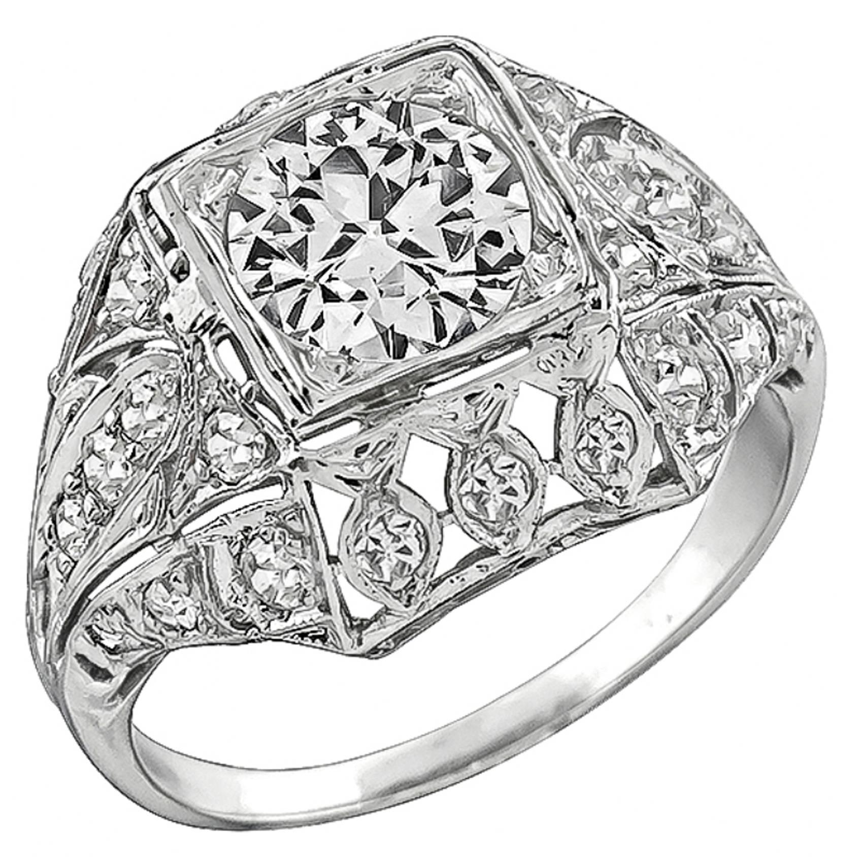 1.25 Carat Old Mine Cut Diamond Platinum Engagement Ring For Sale