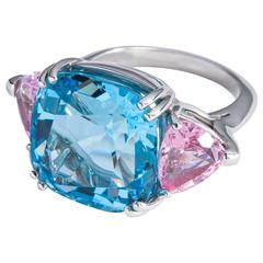Candy colored aquamarine pink spinel platinum three stone ring 10