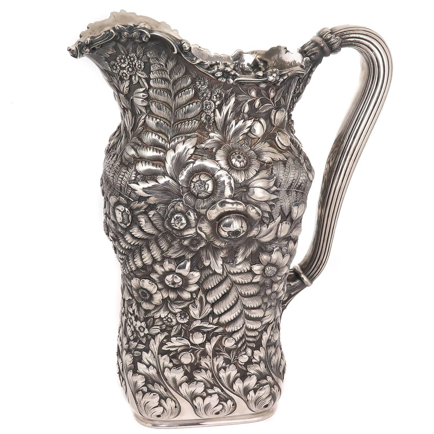Tiffany & Co. Large Aesthetic Period Heavy Repousse Silver Pitcher