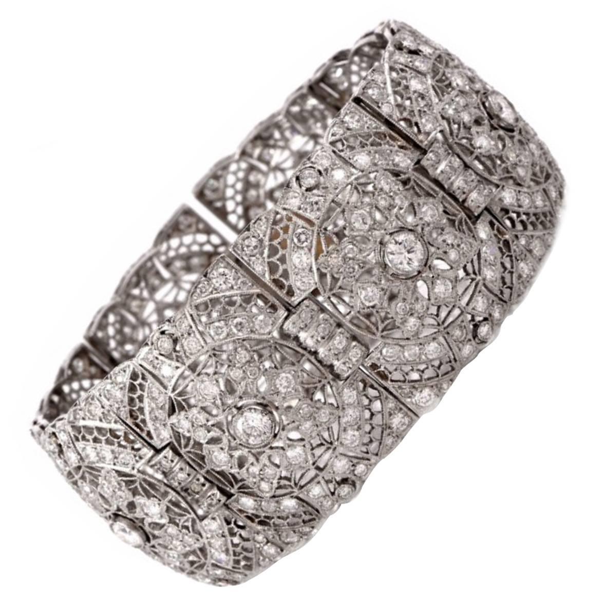 Art Deco Diamond Platinum Filigree Link Bracelet