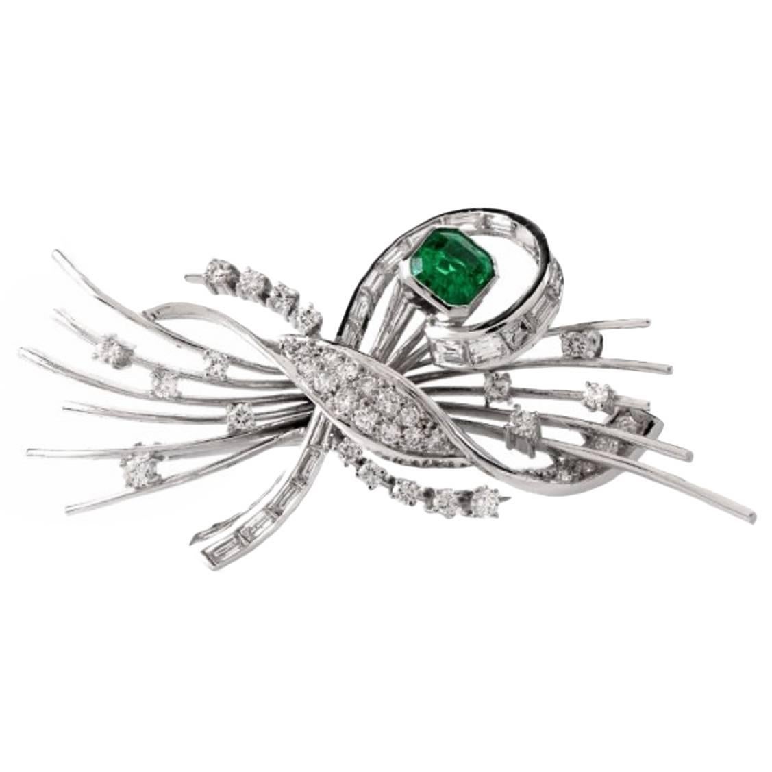 Emerald Diamond Platinum Floral Motif Pin Brooch