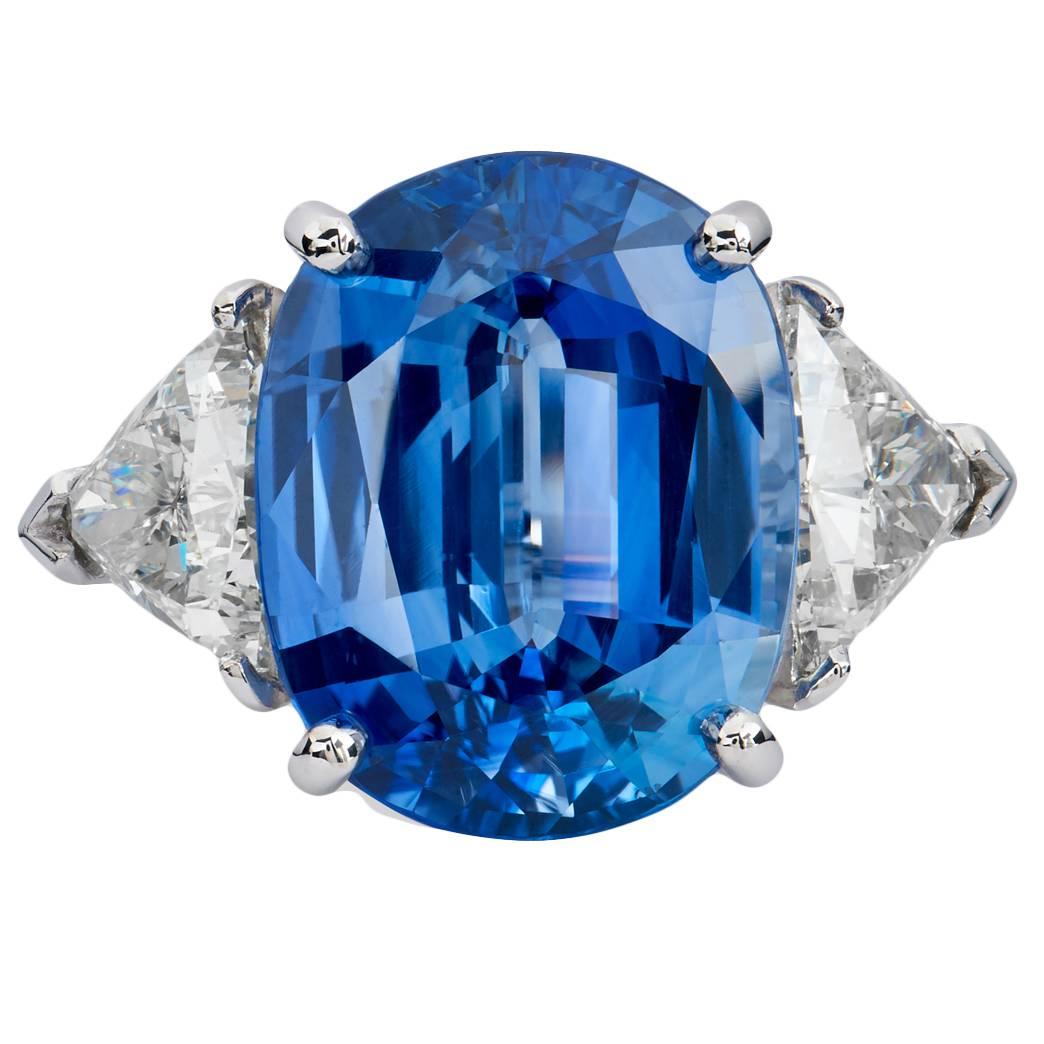 GIA Certified Oval 15.10 Carat Blue Sapphire Diamond Handmade Platinum Ring 6.75