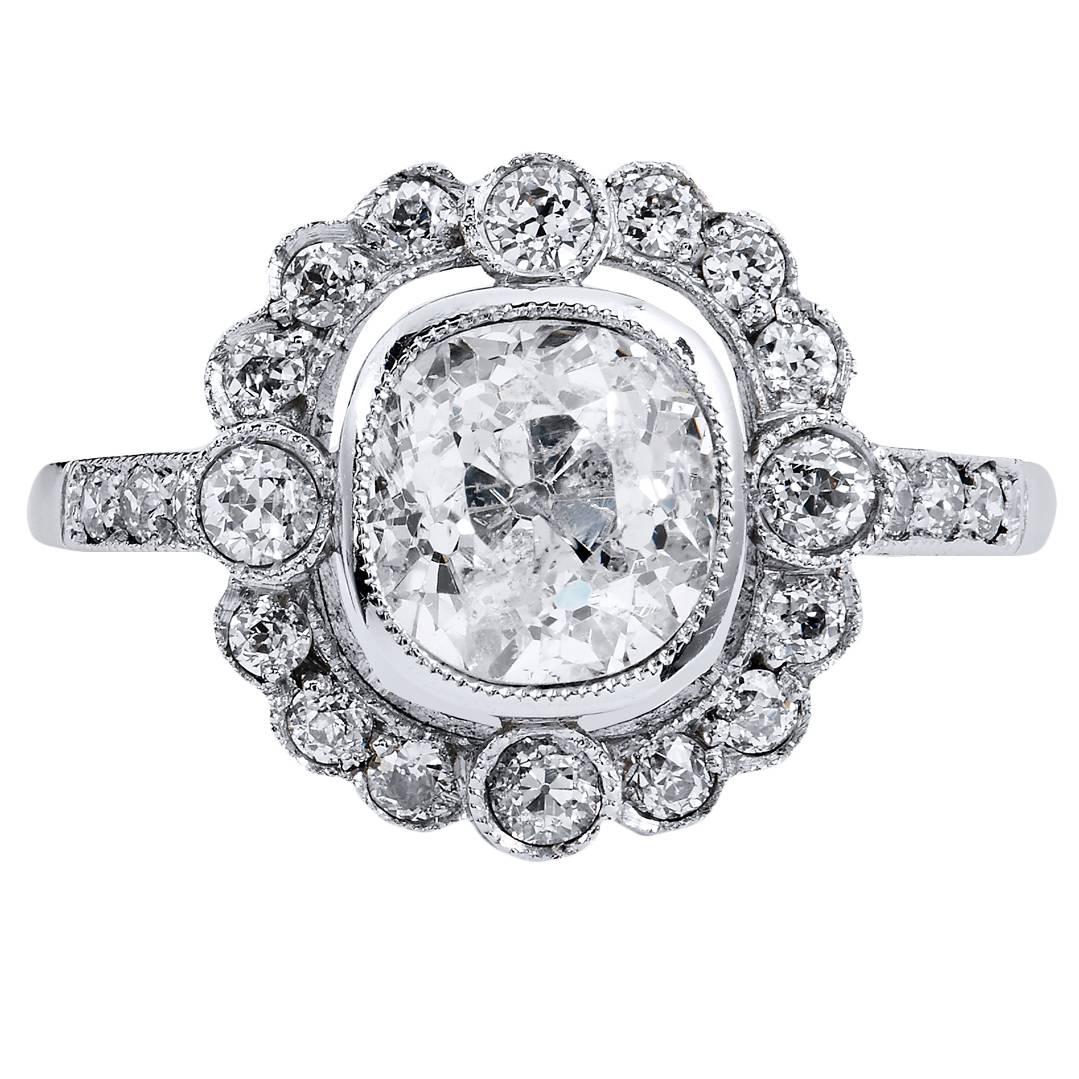 1.39 Carat old mine cut diamond Platinum Engagement Ring