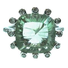 Contemporary Cushion Laser Cut Green Amethyst and Diamond Ring