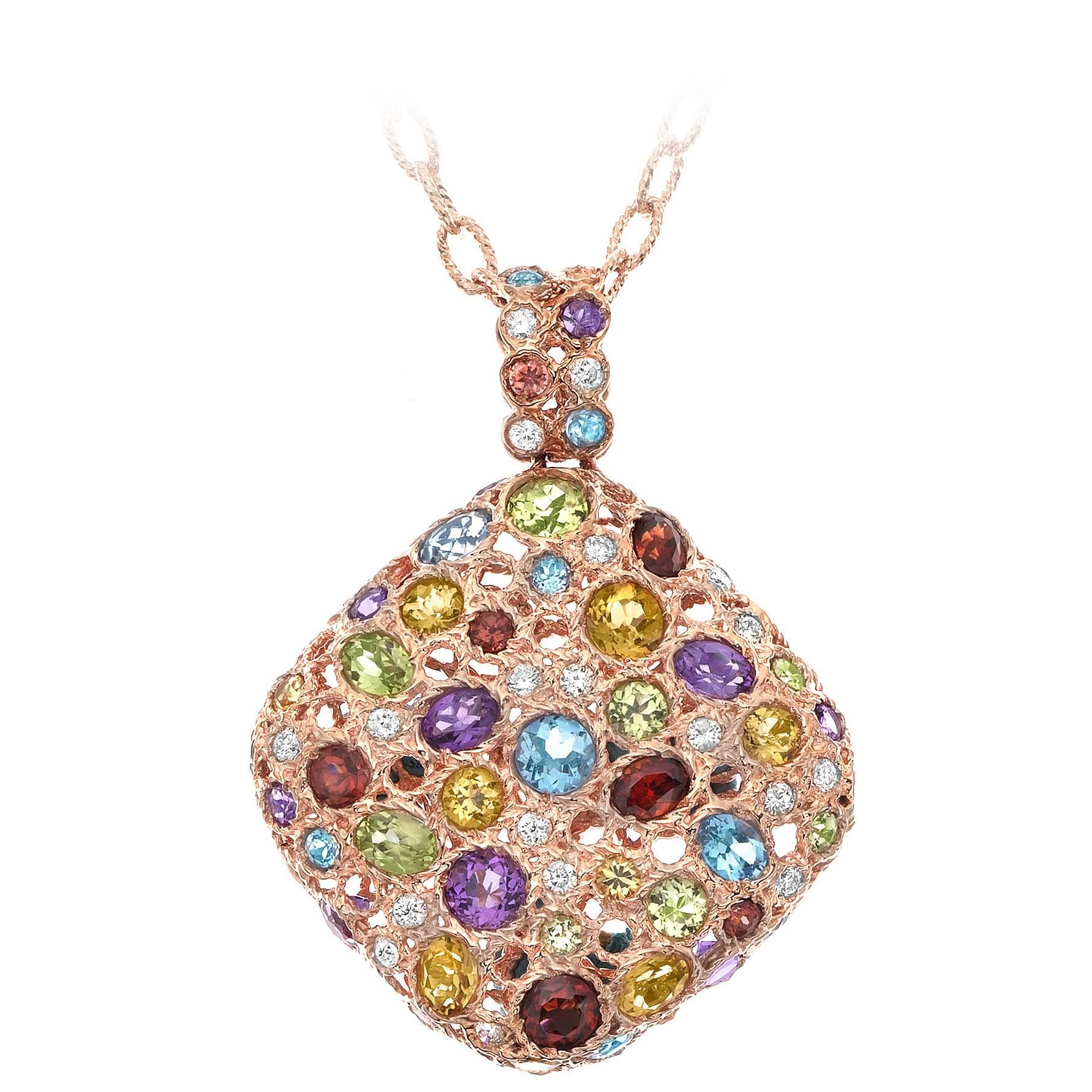 Mixed semiprecious stone diamond gold happy necklace