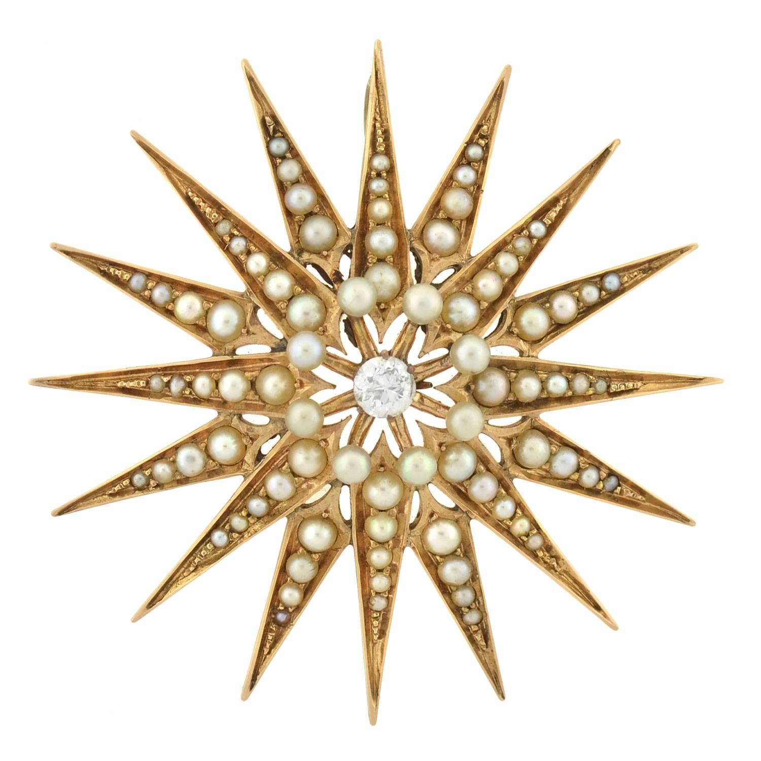 Victorian Natural Pearl Diamond gold Starburst Pendant