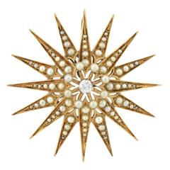 Victorian Natural Pearl Diamond gold Starburst Pendant