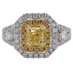 GIA Certified 1.02 Carat Fancy Vivid Yellow Cushion Cut Diamond Engagement Ring