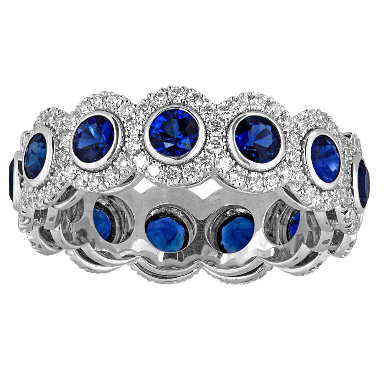 4.12 Carats Eternity Blue Sapphire Diamond Gold Band Ring For Sale