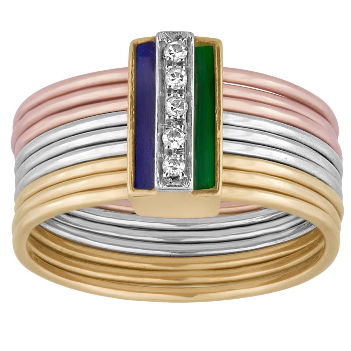 Bague italienne multi-anneaux en or à trois couleurs, émail et diamants