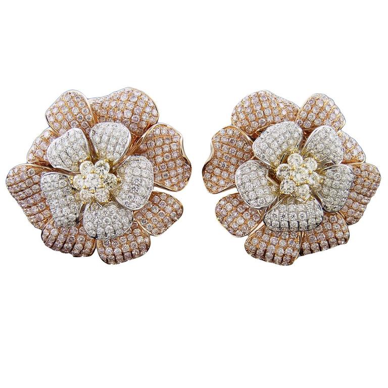 Pave White and Pink Diamond Gold Flower Earrings For Sale at 1stdibs