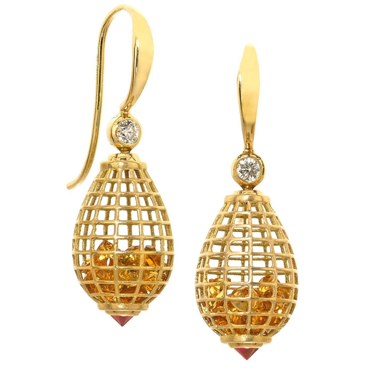 Roule and Co. Honey Citrine Inverted Ruby Diamond Gold Shaker Teardrop Earrings