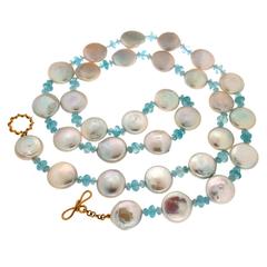 Fresh Water Coin Pearl Aquamarine Gold Necklace 9