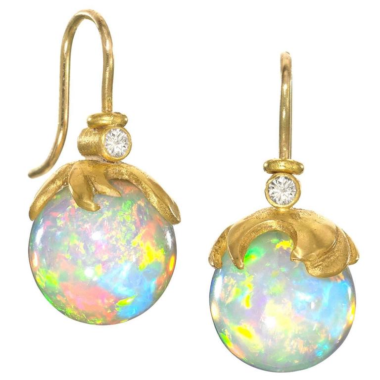 Lilly Fitzgerald Handcarved Opal Sphere Diamond Gold Drop Earrings at